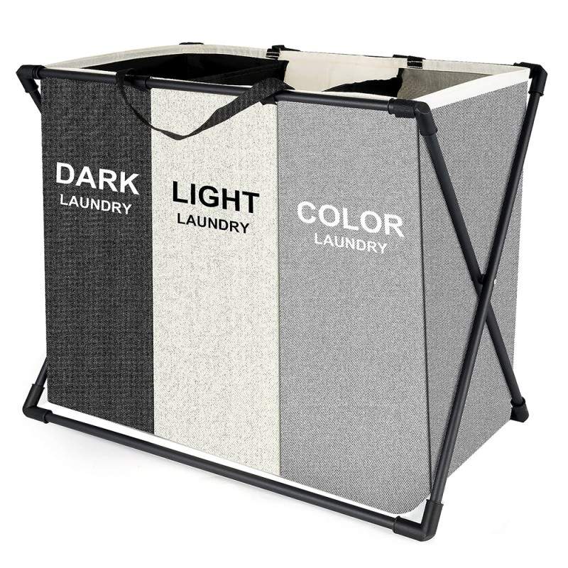 Cos de rufe murdare cu 3 compartimente, pliabil, material textil, cadru aluminiu, dimensiuni 62 x 34 x 56 cm