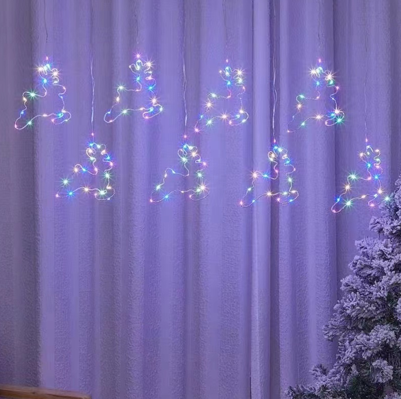 Instalatie perdea cu Reni/ Brazi/ Luna cu stea 3M, multicolor/alb rece