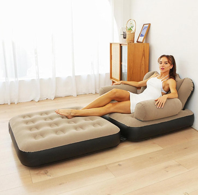 Fotoliu gonflabil, WALALLA, 2-in-1, pliabil, multifunctional, potrivit pentru dormitor si living, usor de depozitat, maro/negru
