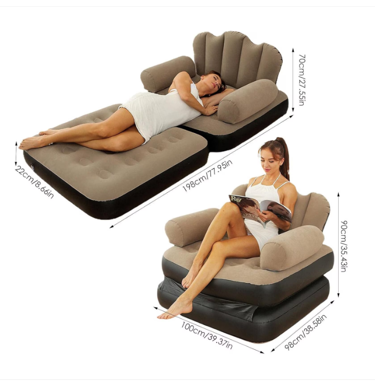 Fotoliu gonflabil, WALALLA, 2-in-1, pliabil, multifunctional, potrivit pentru dormitor si living, usor de depozitat, maro/negru
