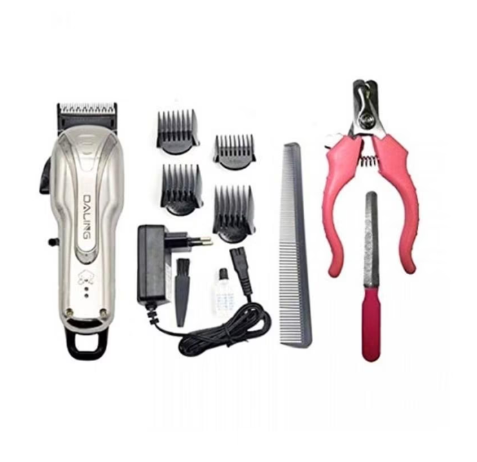Masina Profesionala de Tuns Animale, Pentru Caini, Pisici, Oi, 8 in 1, Silentioasa, Fara Fir, Autonomie 150 Minute, 4 Capete, Accesorii unghii incluse, Argintiu