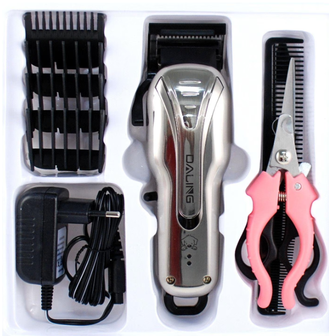 Masina Profesionala de Tuns Animale, Pentru Caini, Pisici, Oi, 8 in 1, Silentioasa, Fara Fir, Autonomie 150 Minute, 4 Capete, Accesorii unghii incluse, Argintiu