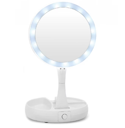 Oglinda rotunda pentru machiaj cu iluminare LED, Pliabila, 25 cm, Efect de lupa, Alb