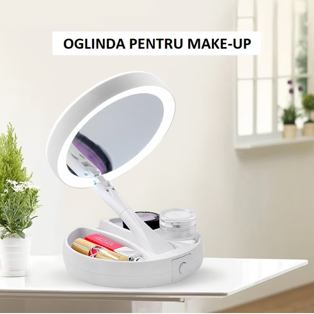 Oglinda rotunda pentru machiaj cu iluminare LED, Pliabila, 25 cm, Efect de lupa, Alb