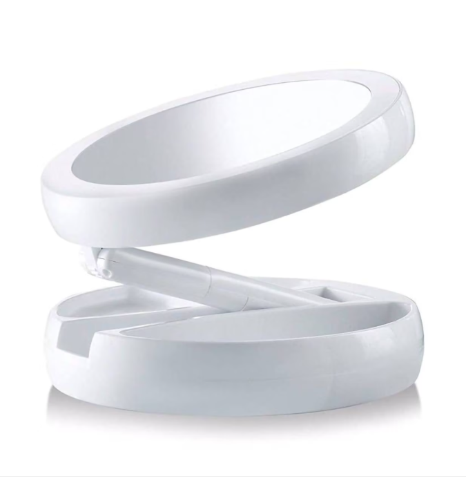 Oglinda rotunda pentru machiaj cu iluminare LED, Pliabila, 25 cm, Efect de lupa, Alb