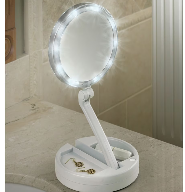 Oglinda rotunda pentru machiaj cu iluminare LED, Pliabila, 25 cm, Efect de lupa, Alb