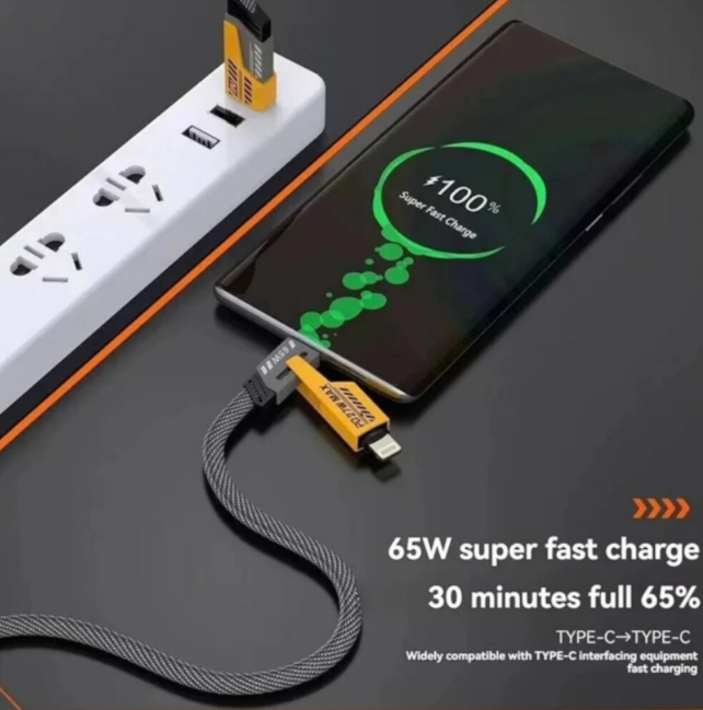 Set 2 x Cablu de date Fast Charge 4-in-1, USB-C PD 65W/27W, 1M-Type C, USB-A, compatibil iPhone, iPad, android, laptop, Huawei, Samsung