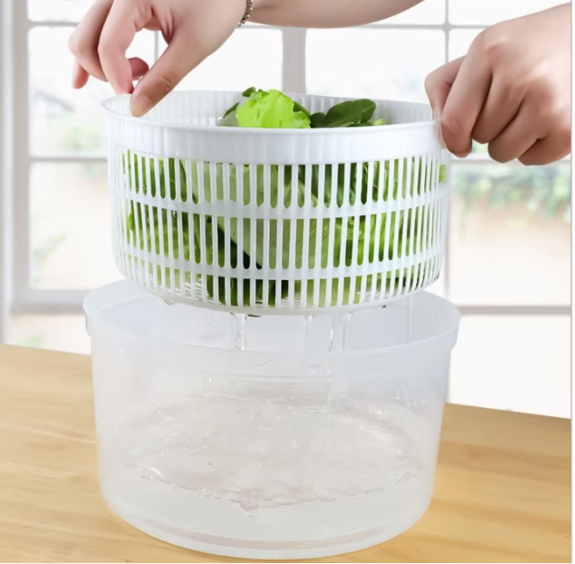 Spinner pentru Salata Capacitate Mare, Sistem de Scurgere, Transparent, Maner Rotativ