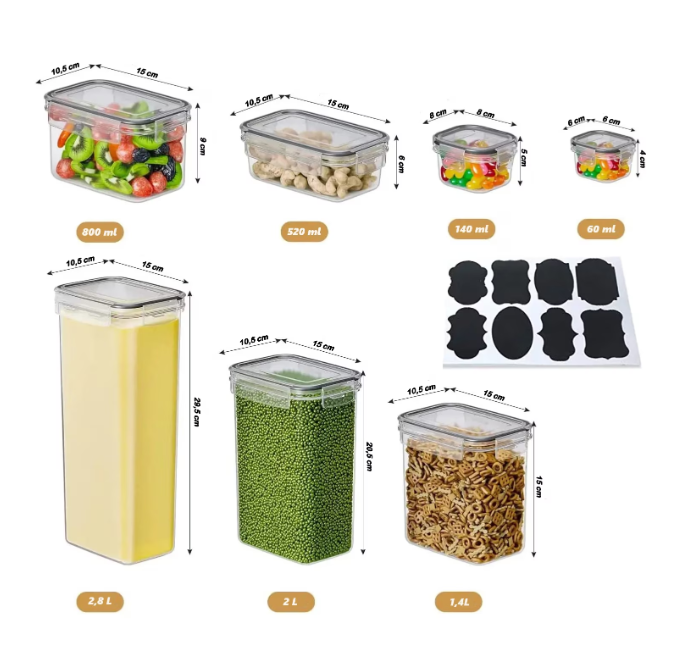 Set 7 caserole pentru depozitare alimente, cu capac etans, din plastic fara BPA