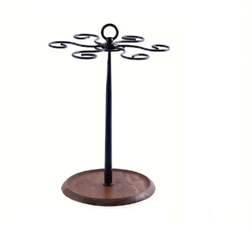 Suport pentru 6 Pahare de Vin, din Metal cu Baza din Lemn, 35cm Inaltime, Negru cu Maro