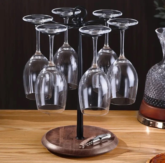 Suport pentru 6 Pahare de Vin, din Metal cu Baza din Lemn, 35cm Inaltime, Negru cu Maro