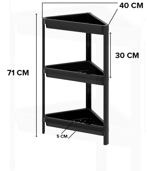 Raft de organizare negru pentru baie/bucatarie cu 3 polite, pe colt