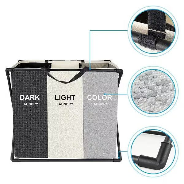 Cos de rufe murdare cu 3 compartimente, pliabil, material textil, cadru aluminiu, dimensiuni 62 x 34 x 56 cm