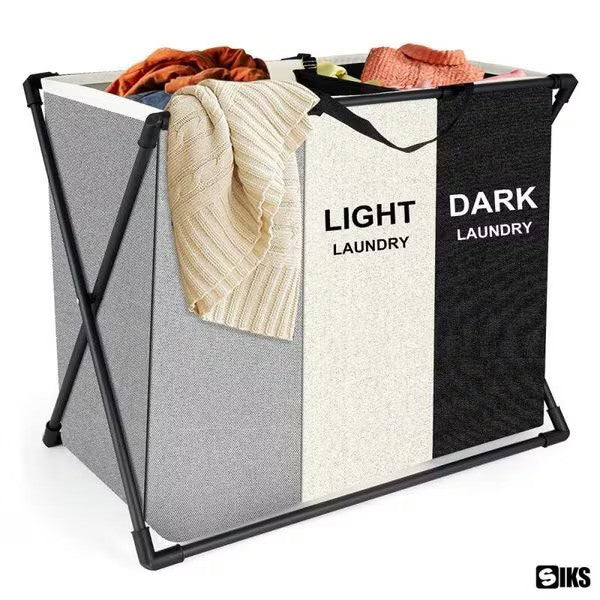 Cos de rufe murdare cu 3 compartimente, pliabil, material textil, cadru aluminiu, dimensiuni 62 x 34 x 56 cm