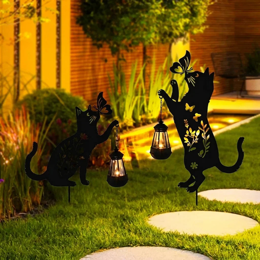 Set 2 Decoratiuni Solare de Gradina Pisica Neagra cu Felinar LED Fluture Metal
