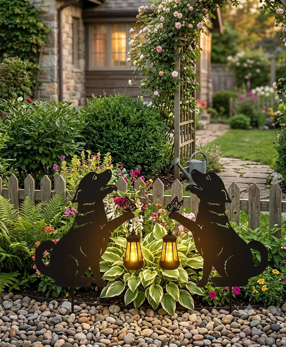 Set 2 Decoratiuni Solare de Gradina, Model Catelus cu Felinar LED si Fluture, din Metal
