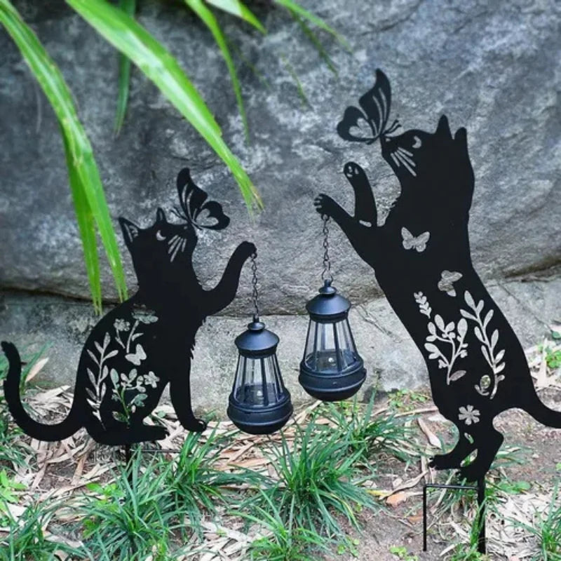Set 2 Decoratiuni Solare de Gradina Pisica Neagra cu Felinar LED Fluture Metal