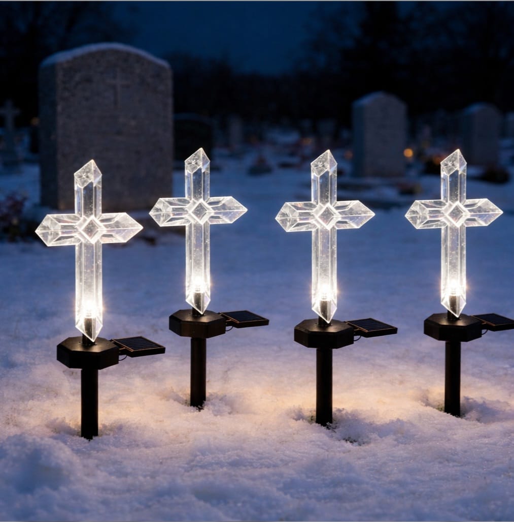 Set 4 x Cruce solara LED pentru mormant