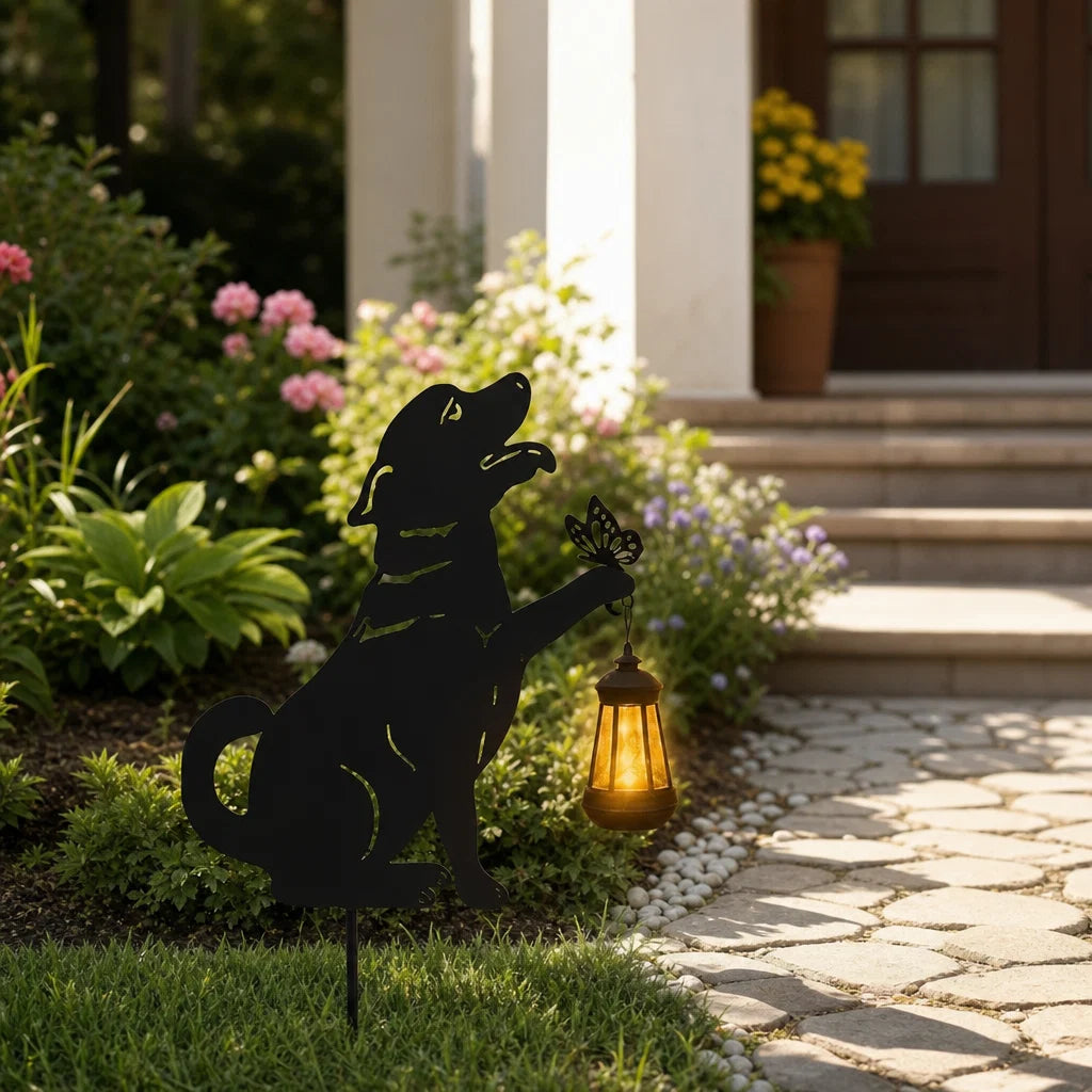 Set 2 Decoratiuni Solare de Gradina, Model Catelus cu Felinar LED si Fluture, din Metal