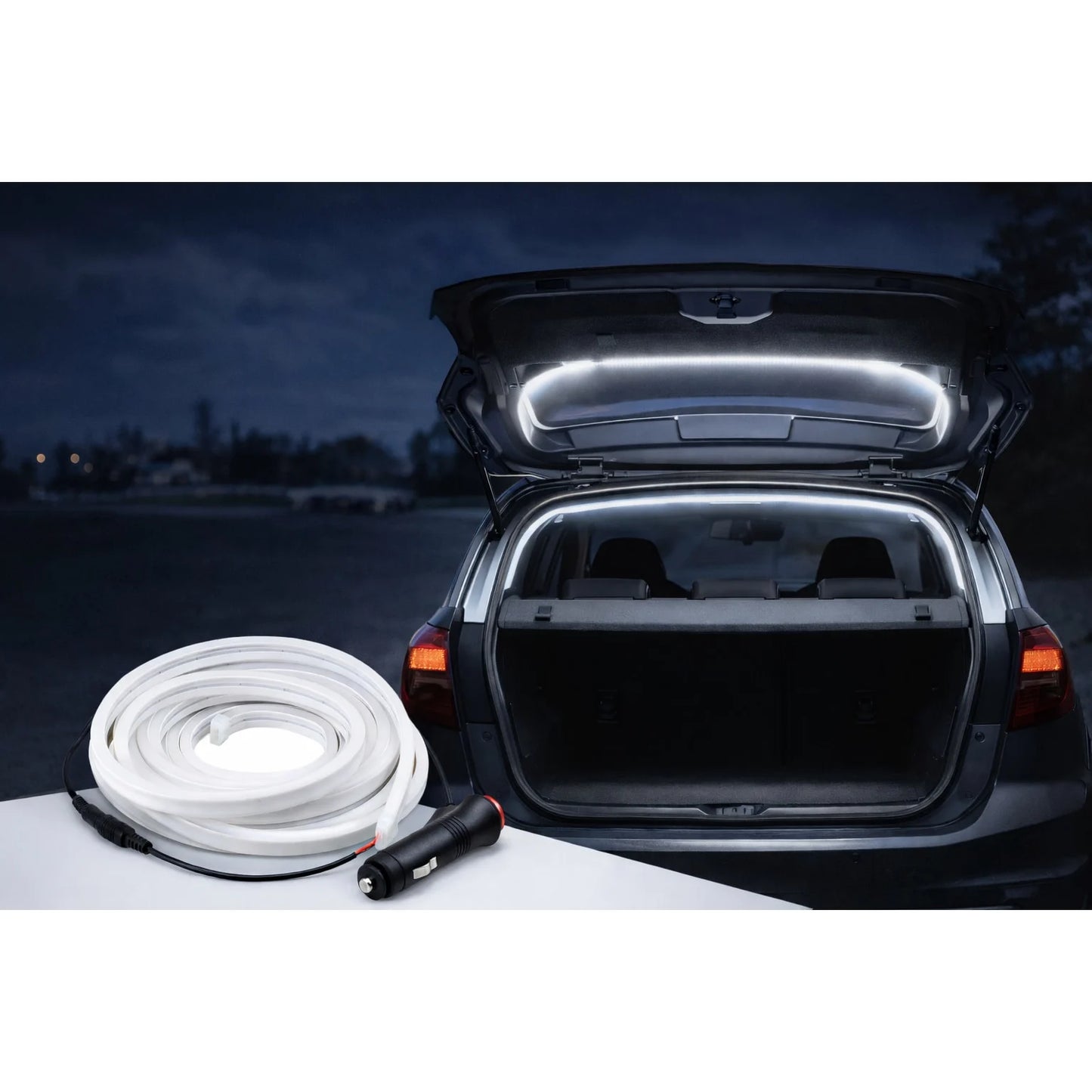 Bandă LED Portbagaj Auto 5m cu Senzor Magnetic, 12V Conectare Brichetă, 6000K Alb Rece,