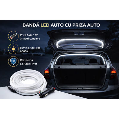 Bandă LED Portbagaj Auto 5m cu Senzor Magnetic, 12V Conectare Brichetă, 6000K Alb Rece,