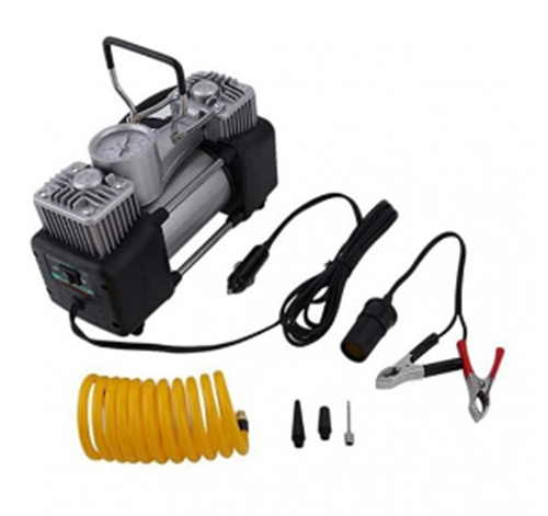 KIT AUTO PENTRU PANA, COMPRESOR AUTO CU 2 CILINDRI, 12V, METALIC + ACCESORII