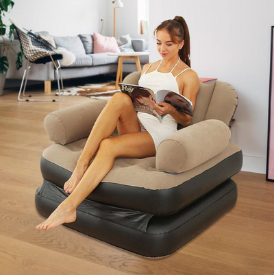 Fotoliu gonflabil, WALALLA, 2-in-1, pliabil, multifunctional, potrivit pentru dormitor si living, usor de depozitat, maro/negru