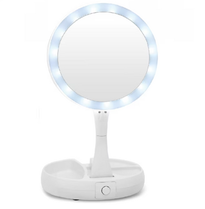 Oglinda rotunda pentru machiaj cu iluminare LED, Pliabila, 25 cm, Efect de lupa, Alb