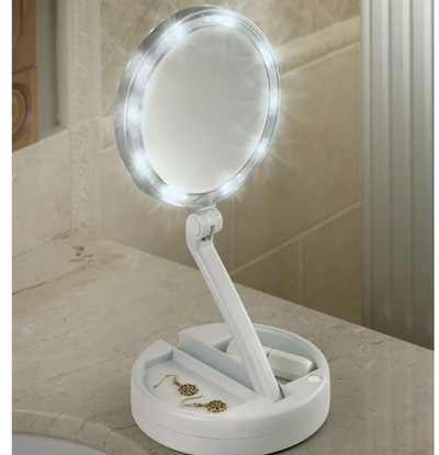 Oglinda rotunda pentru machiaj cu iluminare LED, Pliabila, 25 cm, Efect de lupa, Alb