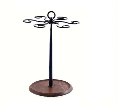 Suport pentru 6 Pahare de Vin, din Metal cu Baza din Lemn, 35cm Inaltime, Negru cu Maro