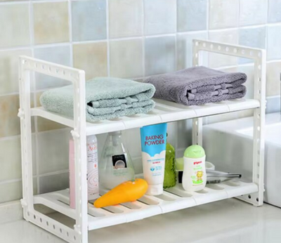Raft Organizator pentru bucatarie sau baie, extensibil, alb inox/pvc, 47 x 26 x 38 cm, Alb