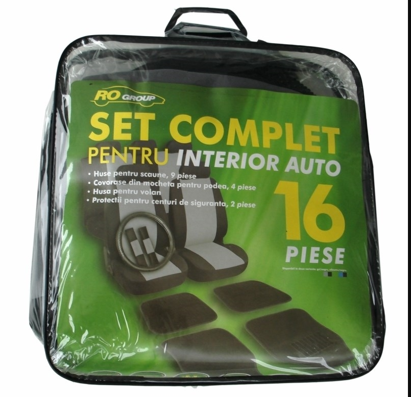 Set huse scaune, volan si covorase auto, negru-gri, 16 buc