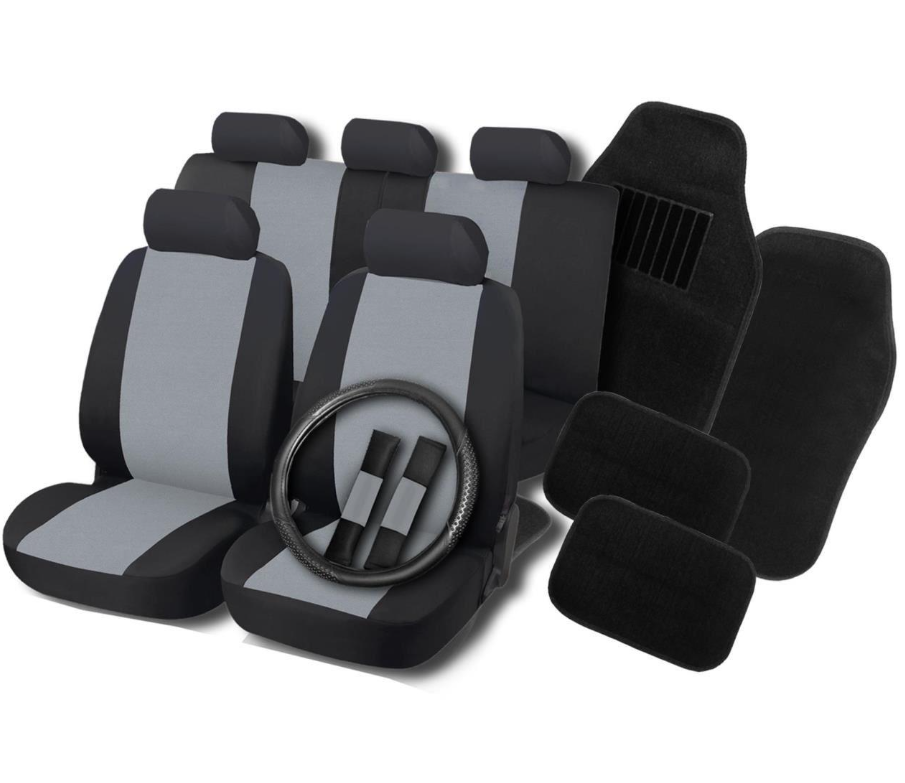 Set huse scaune, volan si covorase auto, negru-gri, 16 buc