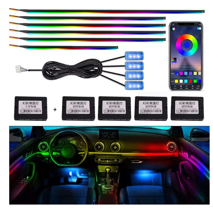 Kit Lumini ambientale RGB auto profesionale 18 in 1 Fir flexibil, ambient placut, Aplicatie, Bluetooth