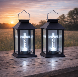 Set 2 x Felinar solar Cruce LED, Negru, 28 cm