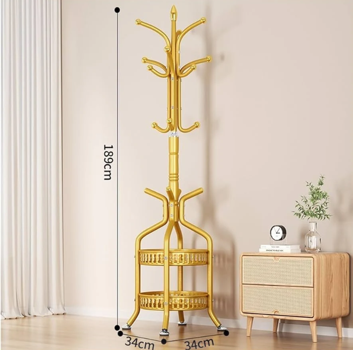 Cuier de Podea Auriu, Agatatori Multiple, 2 Rafturi Depozitare,