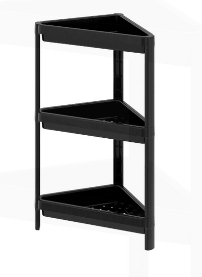 Raft de organizare negru pentru baie/bucatarie cu 3 polite, pe colt