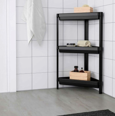 Raft de organizare negru pentru baie/bucatarie cu 3 polite, pe colt