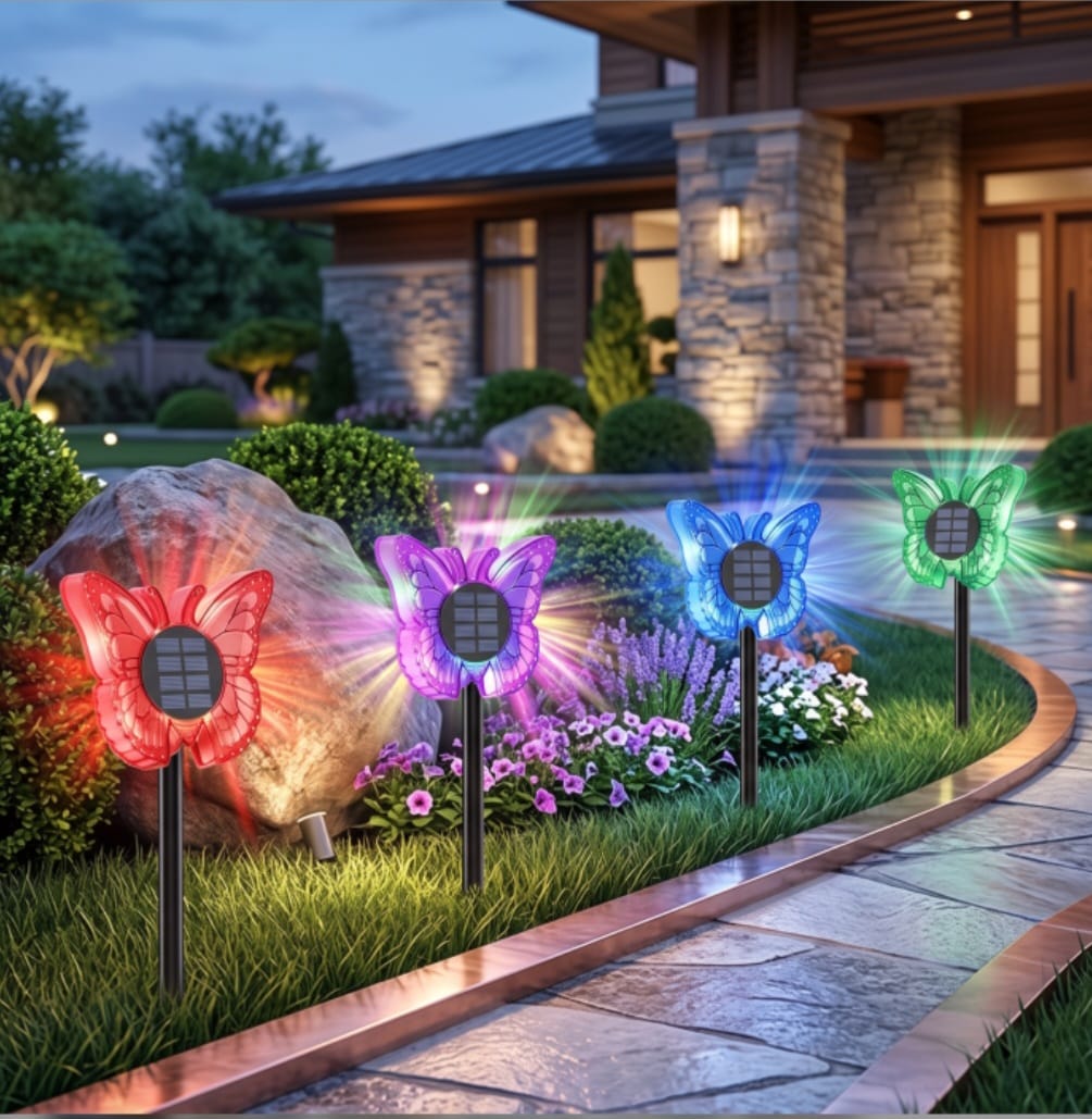 Set 2 x Lampa solara LED Fluture RGB, montaj pe perete sau sol