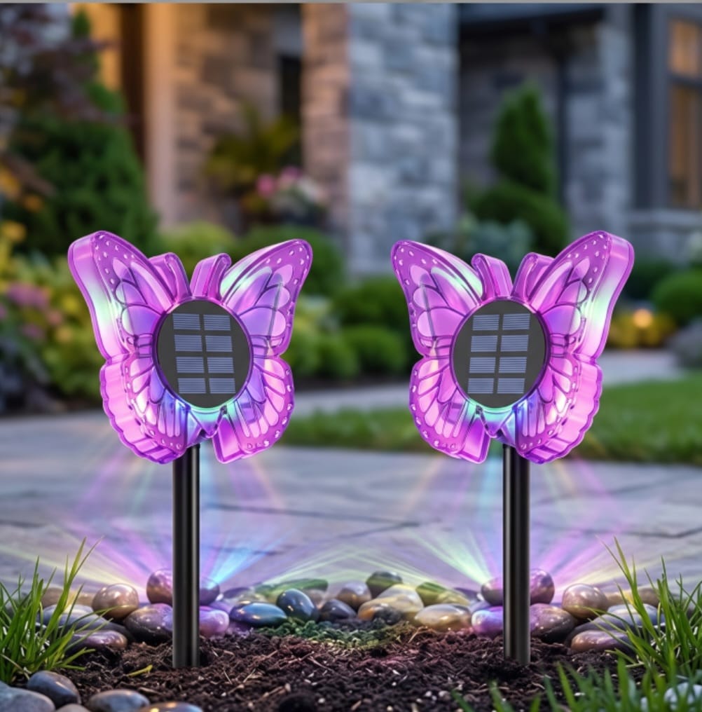 Set 2 x Lampa solara LED Fluture RGB, montaj pe perete sau sol