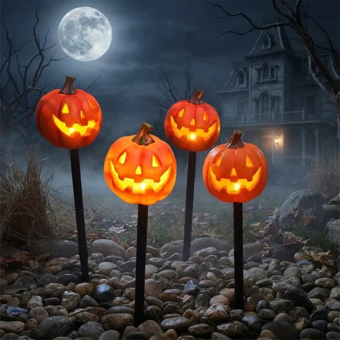 set 4 x Lămpi Solare Halloween Dovleac pentru Grădină –  Decor Curte și Alei
