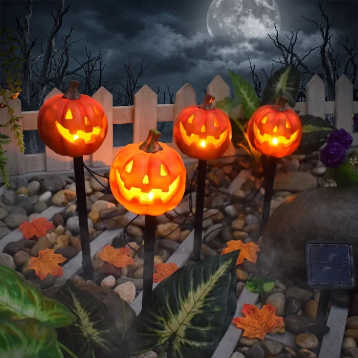 set 4 x Lămpi Solare Halloween Dovleac pentru Grădină –  Decor Curte și Alei