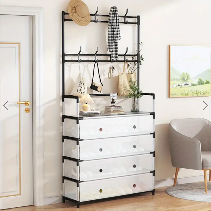 Cuier cu raft pantofi pe 4 niveluri si 8 carlige duble, suport haine si incaltaminte pentru hol