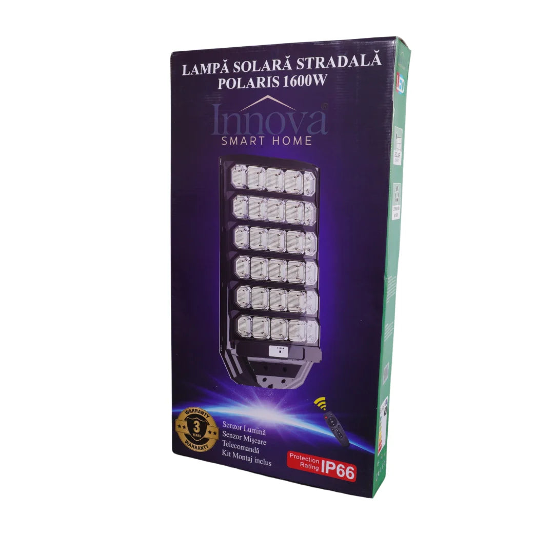 Lampa Solara Stradala Polaris Innova 1600W – LED 120 000 lm, Senzor Lumina/Miscare si Telecomanda, IP66 & Suport Prindere