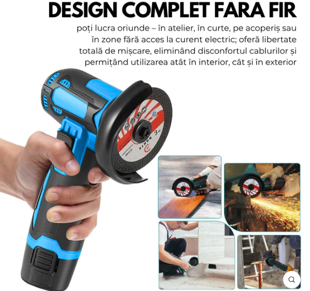 Polizor unghiular, design portabil, cu 2 acumulatori