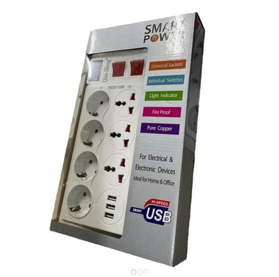 Prelungitor inteligent cu 7 prize, protectie IP20, cu 3 porturi USB, lungime 2 m, max 2500W, alb