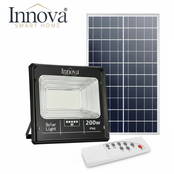 Proiector solar Innova 200W, IP66, 6500K, telecomanda, indicator baterie