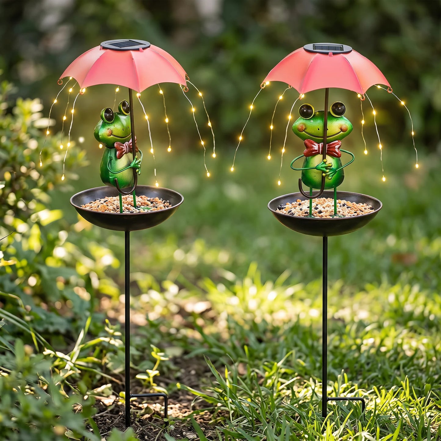 Set 2 Lampi Solare Decorative cu Hranitoare pentru Pasari,  model broscuta, pentru Gradina
