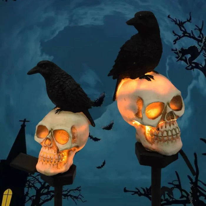 Set 8 lampi solare - Solare Halloween cu Craniu și Cioară, Decorațiuni pentru Grădină și Curte