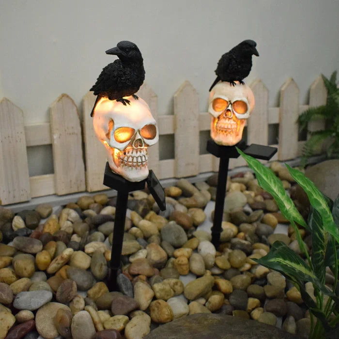 Set 4 lampi solare - Solare Halloween cu Craniu și Cioară, Decorațiuni pentru Grădină și Curte